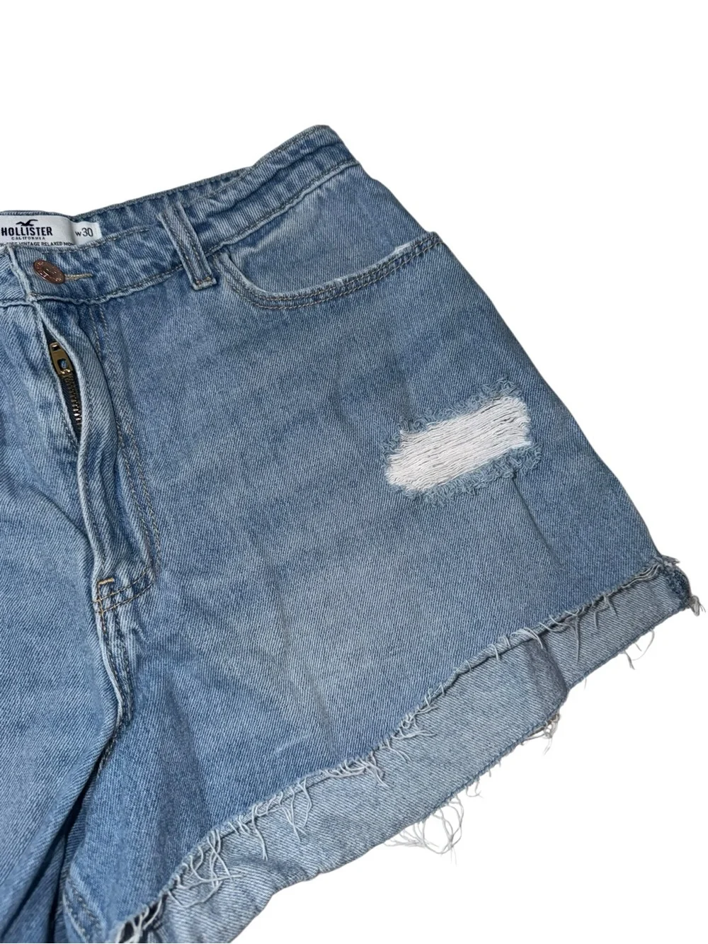 Hollister Distressed High-Rise Denim Shorts - Medium Blue